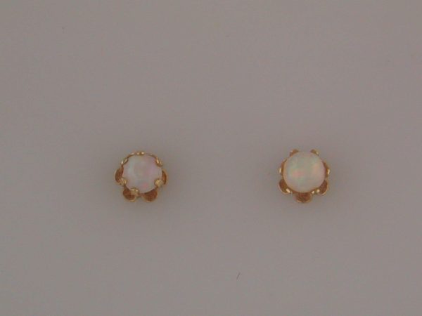14K YELLOW GOLD EARRINGS WITH 3 MM PRONG SET OPAL. .3 GRAMS