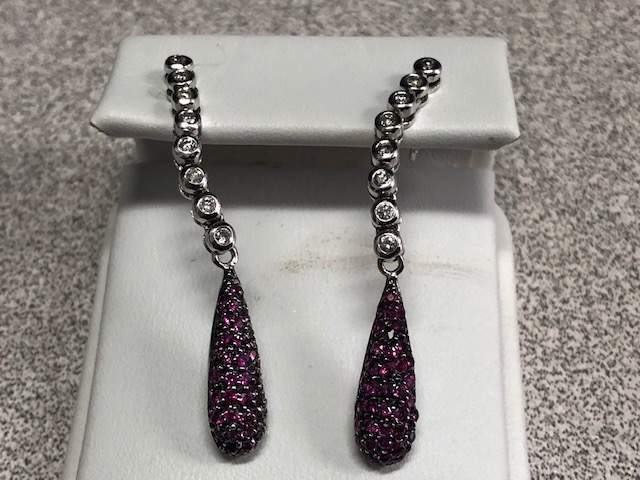 14K WHITE GOLD DIAMOND AND RUBY DANGLE EARRINGS