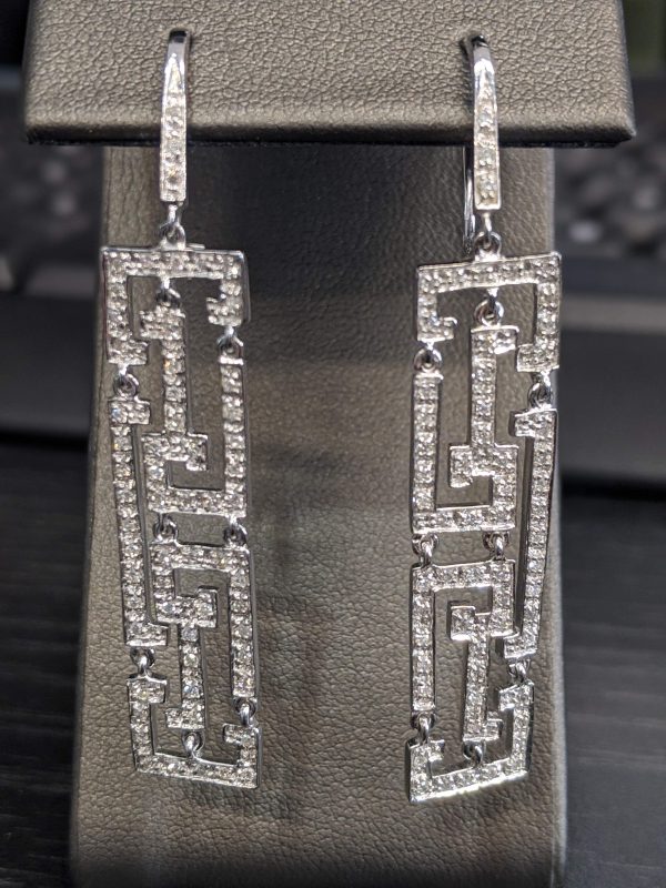 14KT W/G AND MELEE DIAMOND DECO STYLE DANGLE EARRINGS. (57 PTS)(4.5 DWT)