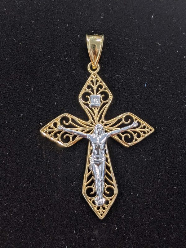 14KT BICOLOR GOLD CRUCIFIX CROSS PENDANT (1.5 DWT).