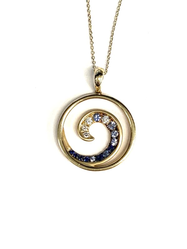 14K YELLOW GOLD BLUE DIAMOND WAVE NECKLACE