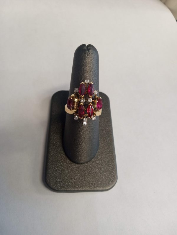 14K YELLOW GOLD RUDY MARQUISE AND DIAMOND RING, 36PTS OF DIAMONDS, 3MM OF 6 MARQUISE, 4.1 DWT