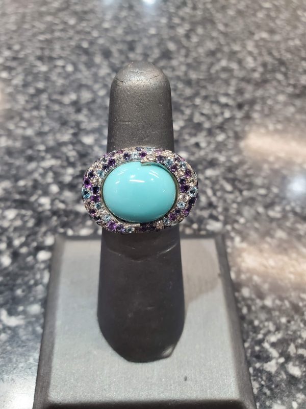 STERLING CRYSTAL MULIT-STONE RING CENTER TERQUIOSE