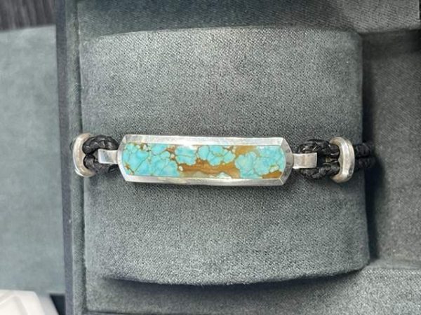STERLING SILVER DAVID YURMAN BRACELET ON LEATHER STRAP WITH TURQUOISE AND BROWN