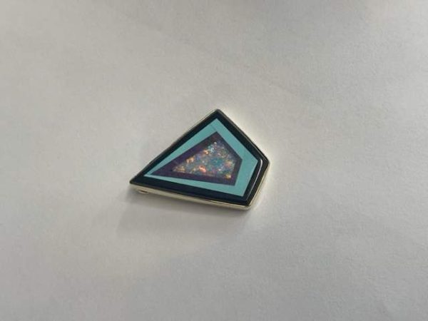 14K YELLOW GOLD ONYX, OPAL, AND TURQUOISE ENLAYED PENDANT 3.4DWT