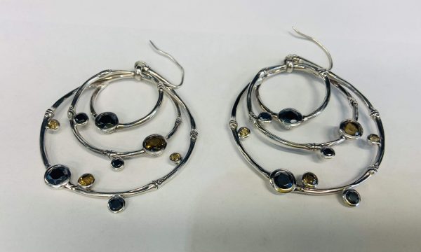 JOHN HARDY STERLING SILVER BAMBOO COLLECTION QUARTZ/HEMATITE HOOP EARRINGS 15.3 PWT