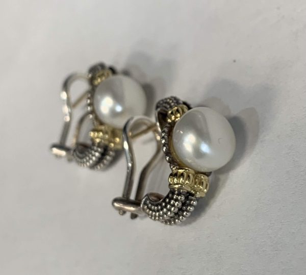 LADIES LAGOS STERLING & Y/G PEARL EARRINGS