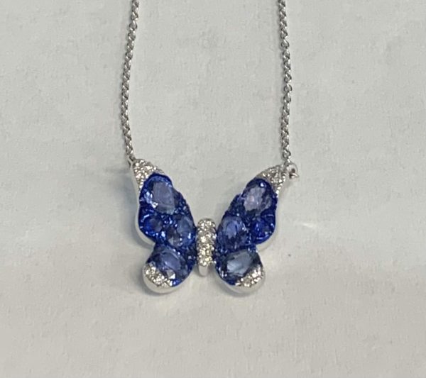 14K W/G BUTTERFLY NECKLACE W 14 DIAMONDS 0.07CT & 12 SAPPHIRES 1.58CT 18"