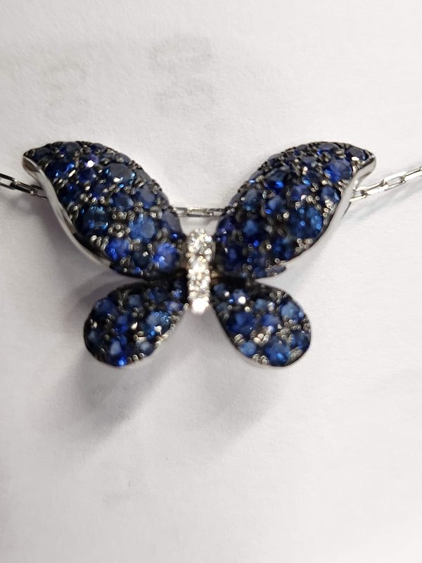 14K WG BUTTERFLY PENDANT 1.55CT SAPPHIRES WITH .04CT DIAMONDS ON 18" CHAIN