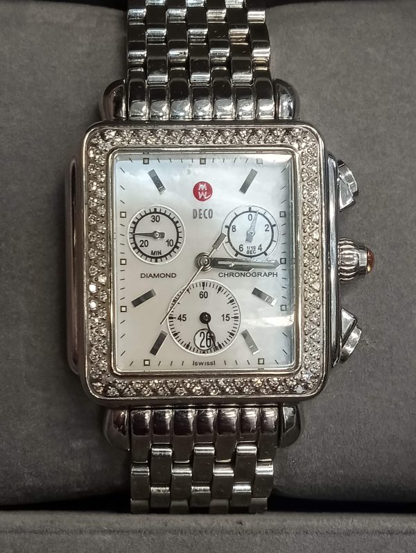 MICHELE DECO WATCH STAINLESS STEEL FEATURING A DIAMOND BEZEL & MOTHER OF PEARL DIAL. COMES W/ BOX.        SERIAL #B14577SS