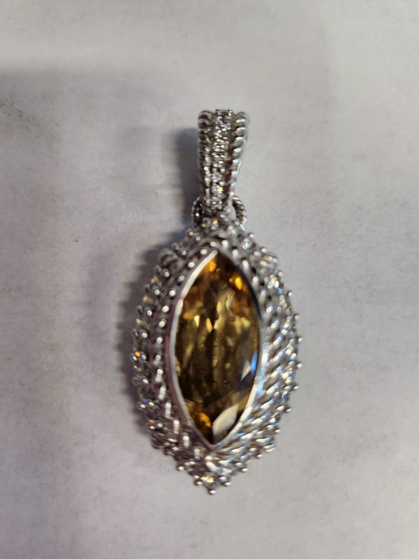 JUDITH RIPKA STERLING SILVER MILLGRAIN DETAILED ENHANCER PENDANT WITH QUARTZ ACCENT STONES & SMOKEY TOPAZ CENTER. 12.4G.