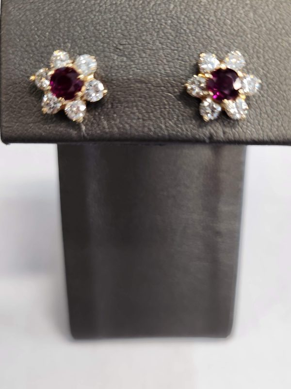 14K YG DIAMOND AND RUBY FLOWER EARRINGS. .50 CT TW RUBY. .60CT TW DIA, 1.3DWT