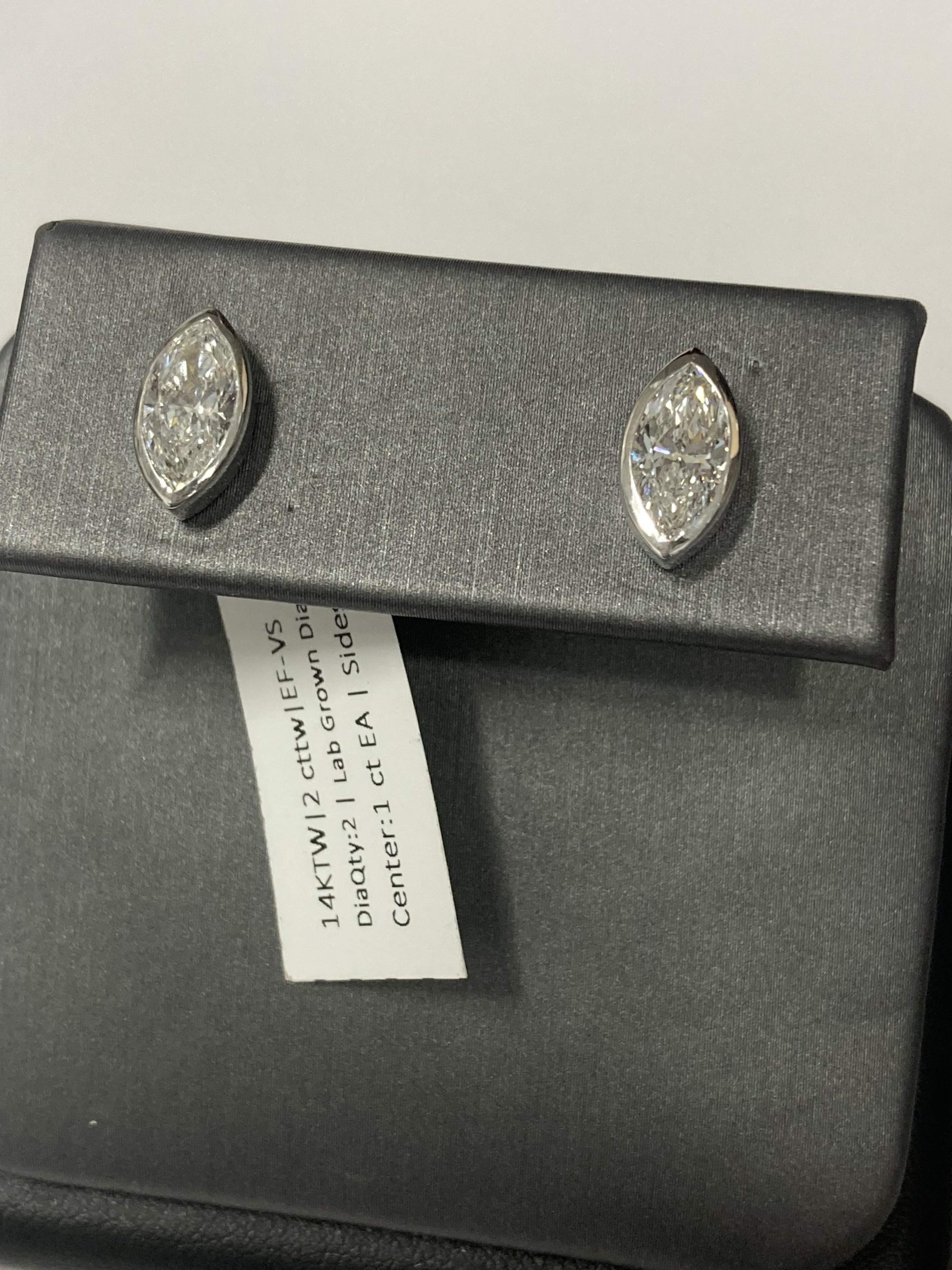14K WHITE GOLD LAB GROWN MARQUISE BRILLIANT DIAMONDS BEZEL SOL STUDS, 2.01 TCW, COLOR: E-F, CLARITY: VS 2.1 DWT, IGI# 40J336162406 COMES W/ CERT CARD