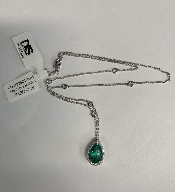 14K WHITE GOLD EMERALD PENDANT WITH ONE 13.30 X 8.40MM LAB CREATED EMERALD PEAR-SHAPED  2.84 CTS & 33 ROUND LAB GROWN DIAMONDS WEIGHING APPROXIMATELY 0.59 TCW. DIS #520509 COMES W/ REPORT CARD & POUCH. CHAIN IS DIAMONDS BY THE YARD. 18".