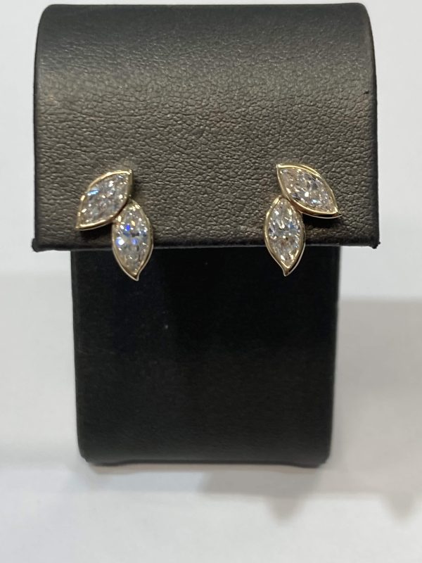 14K YELLOW GOLD MARGUISE DIAMOND EARRINGS W/ 4 LGD WEIGHING APPROX 2.09 TCW. 1.6 DWT, COLOR: F-G, CLARITY: VS1-VS2. DIS #522558 COMES W/ CARD & POUCH.