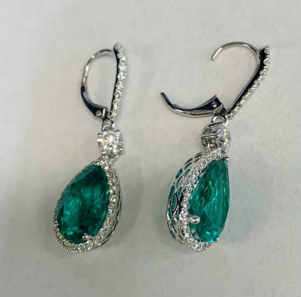 EMERALD DROP EARRINGS WITH TWO 13.30 X 8.40MM LGD 1.45CTW 14K W/G E-F,VS1-VS2