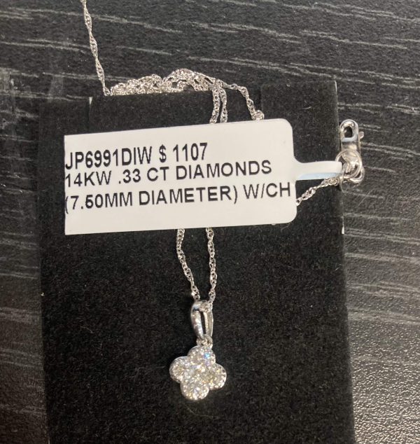 14K WHITE GOLD DIAMOND CLOVER PENDANT ON AN 18" ADJUSTABLE CHAIN AT 16", 0.33 TCW, 1.1 DWT