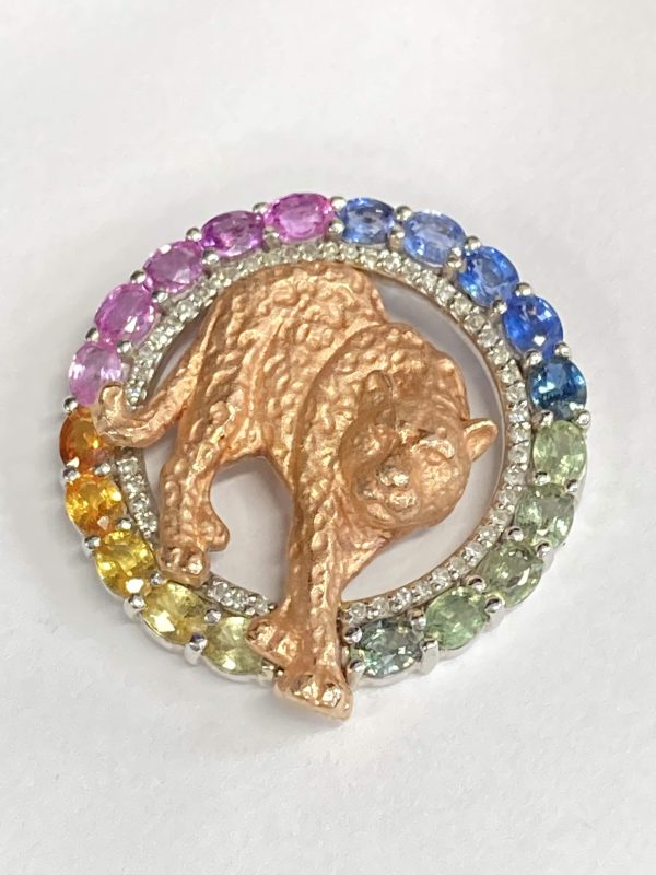 14K WHITE GOLD & ROSE GOLD MULTI-COLOR SAPPHIRE, PANTHER PENDANT, 7.2 DWT
