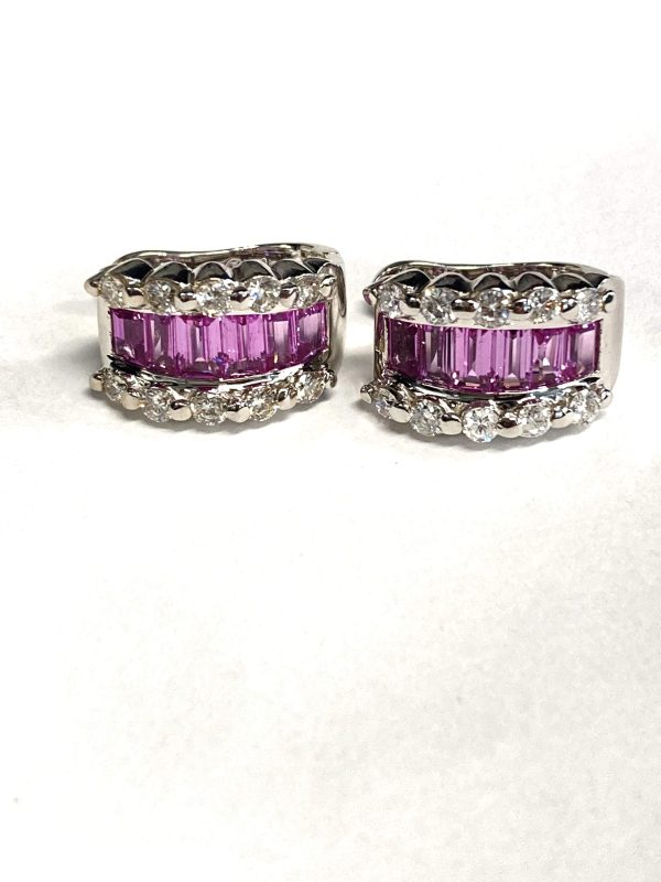 14K WHITE GOLD PINK SAPPHIRE & DIAMOND EARRINGS, FEATURING 1.00 CT OF RBC DIAMONDS & APPROX. 3.00 CTS OF PINK SAPPHIRE BAGUETTES.  GOLD WEIGHT:5.7 DWT