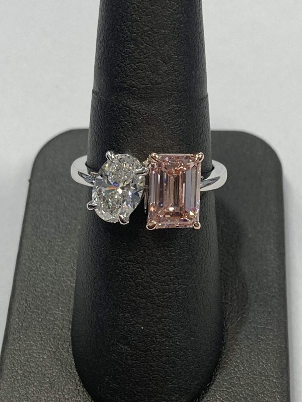 14K WG & RG RING WITH 1 FANCY PINK EMERALD CUT LG & 1 WHITE OVAL LG  3.88CT TW