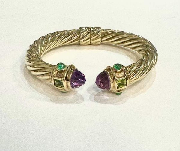 14K YELLOW GOLD David Yurman Cable Bracelet WITH AMETHYST, EMERALD & PERIDOT STONES. The width of THE BRACELET IS 10mm. 30.5 DWT