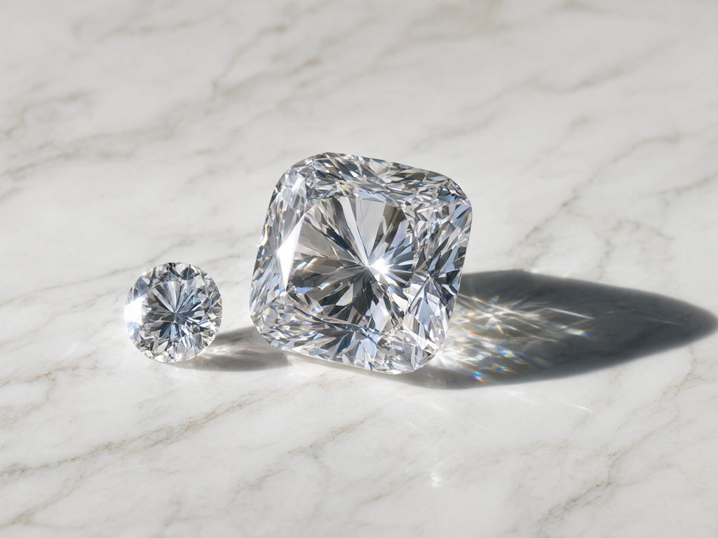 Comparison of a small diamond and a large cushion-cut diamond on marble in daylight