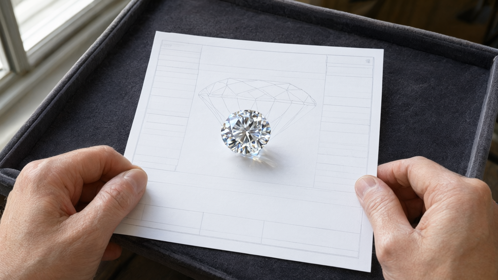 A jeweler holds a printed diamond grading report next to a loose round diamond on a dark velvet surface.
