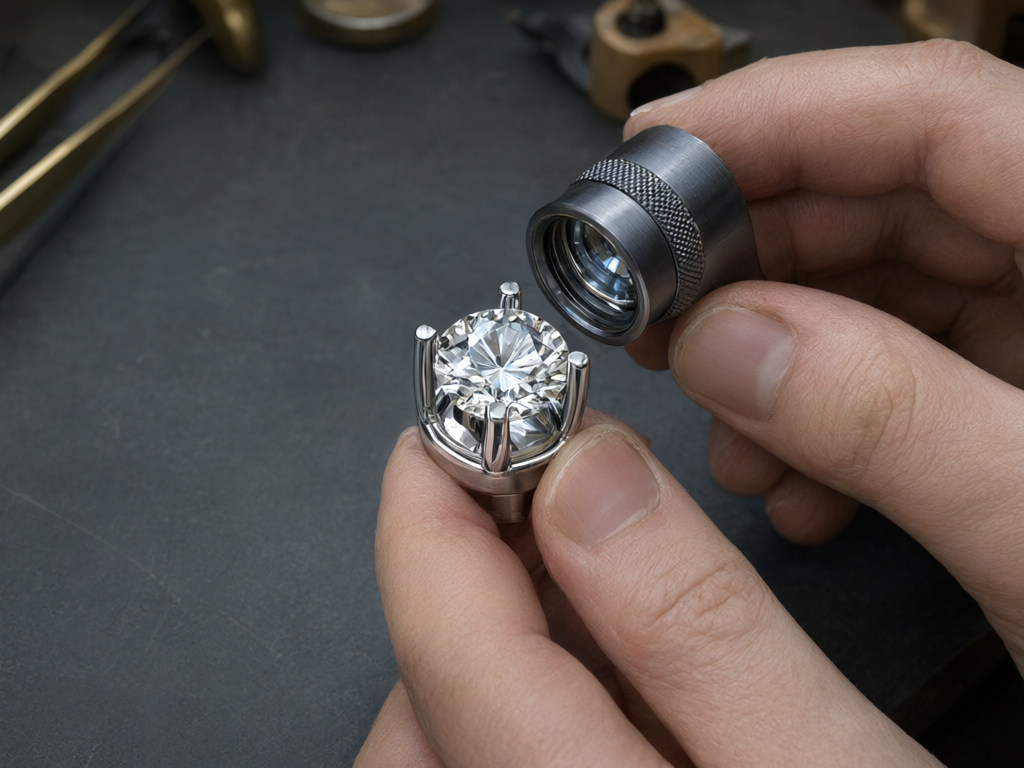 A person uses a handheld magnifier to inspect the metal claws holding a gemstone in place, revealing the fine details of the setting.