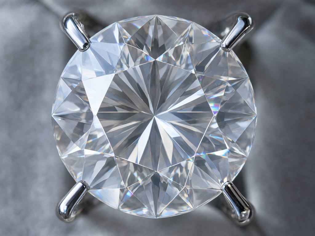 A top-down view of a round brilliant diamond showing its facet pattern and light reflections against a blurred background.