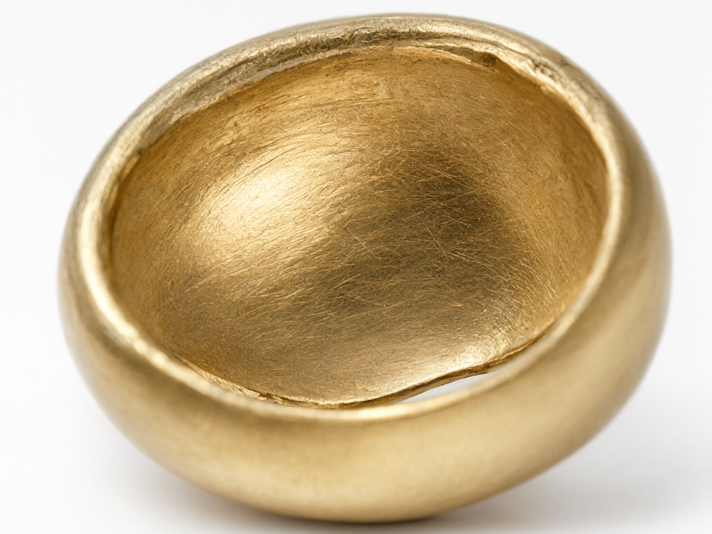 The inside of a gold ring band shows signs of wear and thinning, captured in detail under soft lighting.